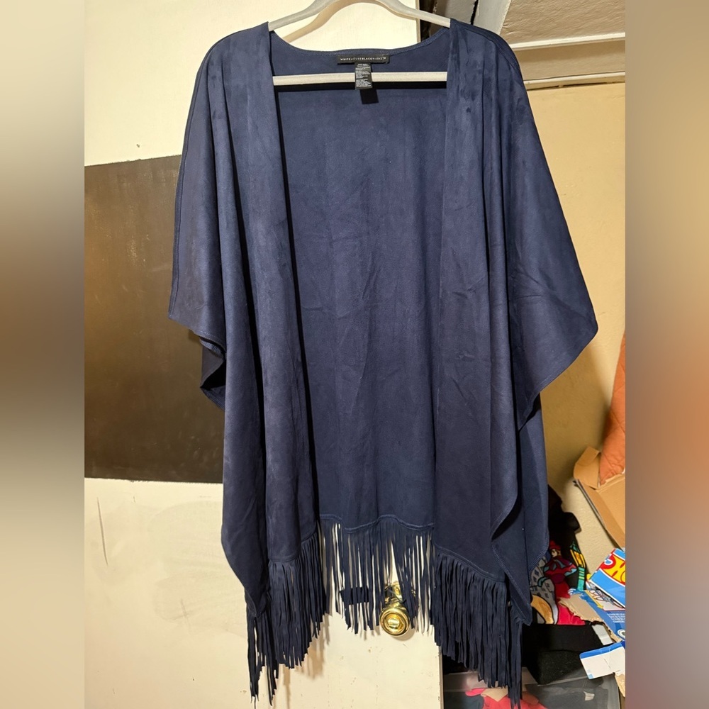 White House Black Market One Size Women Poncho Navy Blue Fringe Casual Boho
